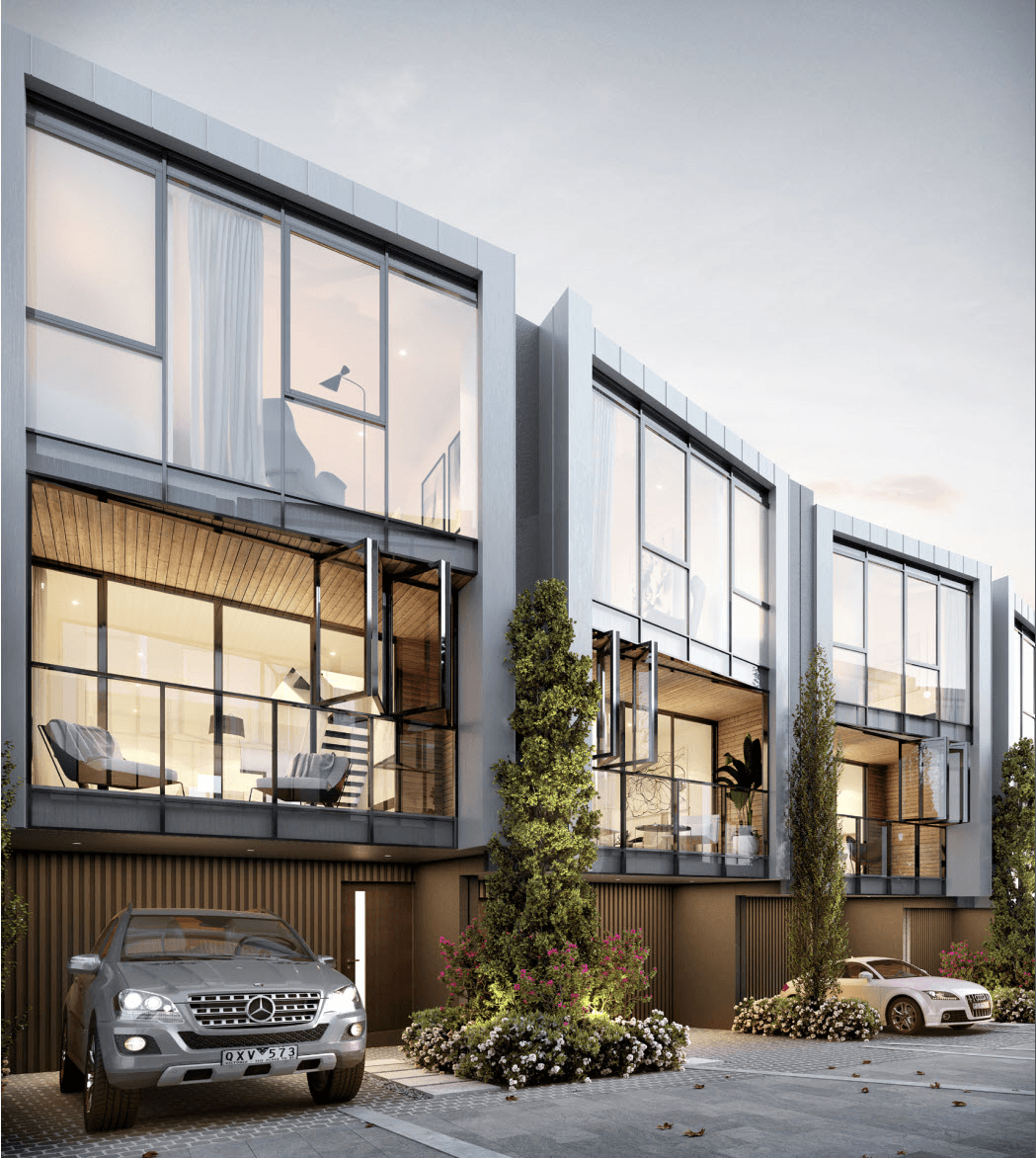 Modern luxury townhouses with large glass windows